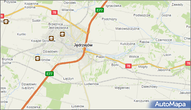 mapa Piaski gmina Jędrzejów, Piaski gmina Jędrzejów na mapie Targeo