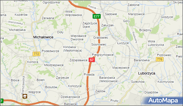 mapa Pielgrzymowice gmina Michałowice, Pielgrzymowice gmina Michałowice na mapie Targeo