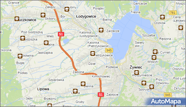 mapa Pietrzykowice gmina Łodygowice, Pietrzykowice gmina Łodygowice na mapie Targeo