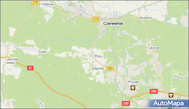 mapa Płoty gmina Czerwieńsk, Płoty gmina Czerwieńsk na mapie Targeo