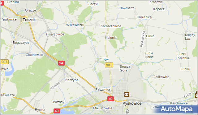 mapa Pniów gmina Toszek, Pniów gmina Toszek na mapie Targeo