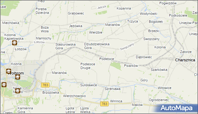 mapa Podlesice gmina Charsznica, Podlesice gmina Charsznica na mapie Targeo