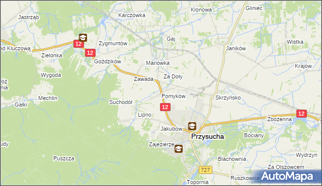 mapa Pomyków gmina Przysucha, Pomyków gmina Przysucha na mapie Targeo