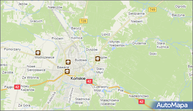 mapa Rogów gmina Końskie, Rogów gmina Końskie na mapie Targeo