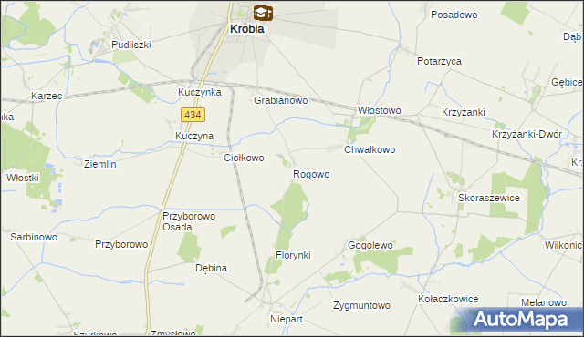 mapa Rogowo gmina Krobia, Rogowo gmina Krobia na mapie Targeo