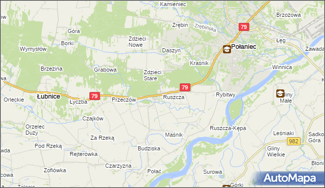 mapa Ruszcza gmina Połaniec, Ruszcza gmina Połaniec na mapie Targeo