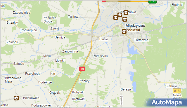mapa Rzeczyca gmina Międzyrzec Podlaski, Rzeczyca gmina Międzyrzec Podlaski na mapie Targeo