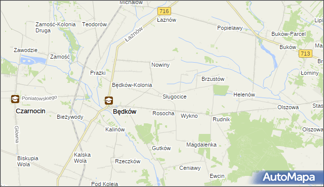 mapa Sługocice gmina Będków, Sługocice gmina Będków na mapie Targeo
