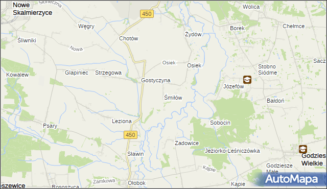 mapa Śmiłów gmina Nowe Skalmierzyce, Śmiłów gmina Nowe Skalmierzyce na mapie Targeo