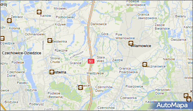 mapa Stara Wieś gmina Wilamowice, Stara Wieś gmina Wilamowice na mapie Targeo