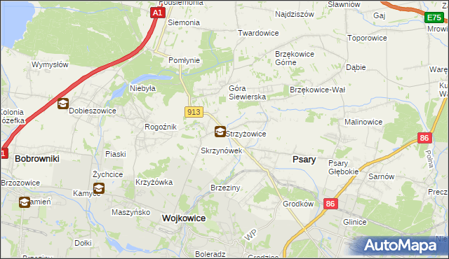 mapa Strzyżowice gmina Psary, Strzyżowice gmina Psary na mapie Targeo