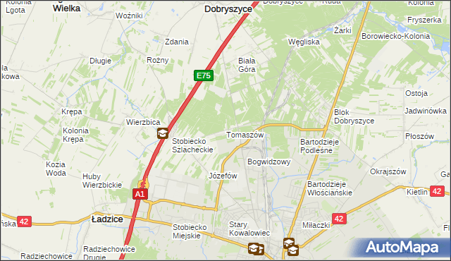 mapa Tomaszów gmina Ładzice, Tomaszów gmina Ładzice na mapie Targeo