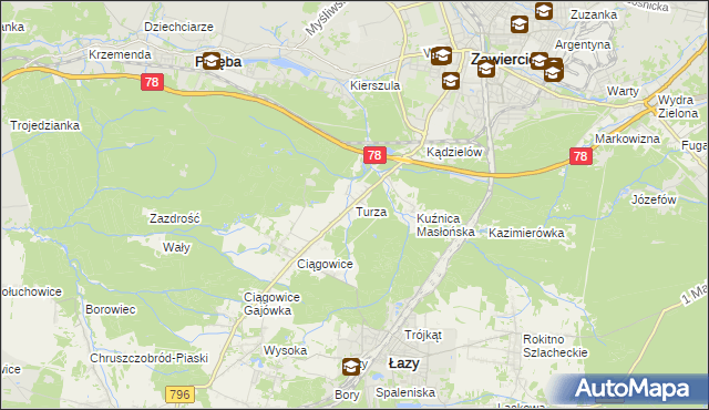 mapa Turza gmina Łazy, Turza gmina Łazy na mapie Targeo