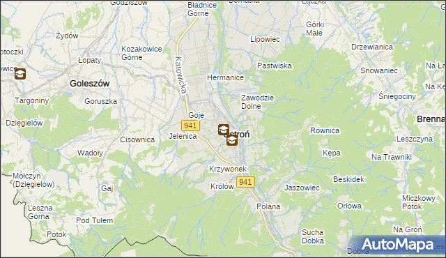 mapa Ustroń powiat cieszyński, Ustroń powiat cieszyński na mapie Targeo