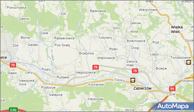 mapa Więckowice gmina Zabierzów, Więckowice gmina Zabierzów na mapie Targeo