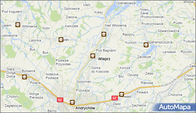 mapa Wieprz powiat wadowicki, Wieprz powiat wadowicki na mapie Targeo