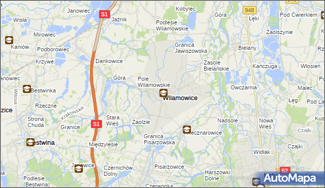 mapa Wilamowice powiat bielski, Wilamowice powiat bielski na mapie Targeo
