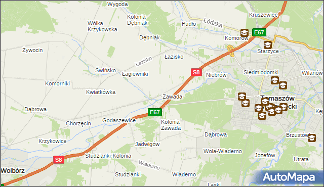 mapa Zawada gmina Tomaszów Mazowiecki, Zawada gmina Tomaszów Mazowiecki na mapie Targeo