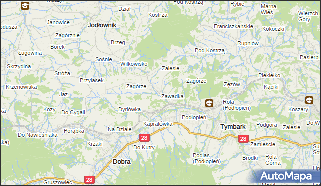mapa Zawadka gmina Tymbark, Zawadka gmina Tymbark na mapie Targeo