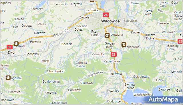 mapa Zawadka gmina Wadowice, Zawadka gmina Wadowice na mapie Targeo
