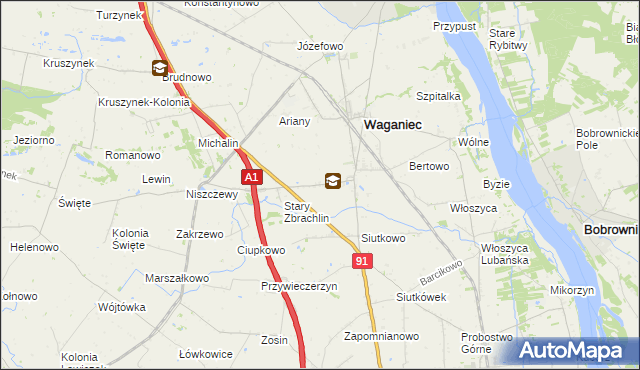 mapa Zbrachlin gmina Waganiec, Zbrachlin gmina Waganiec na mapie Targeo