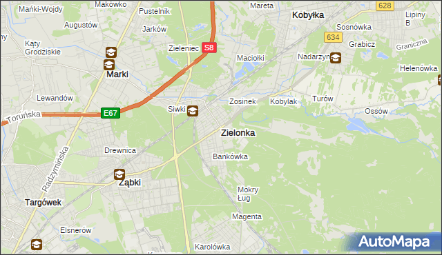 mapa Zielonka powiat wołomiński, Zielonka powiat wołomiński na mapie Targeo