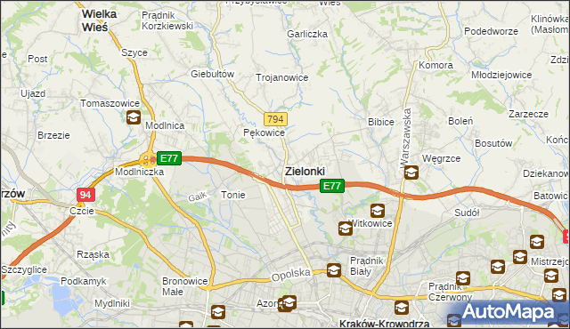 mapa Zielonki powiat krakowski, Zielonki powiat krakowski na mapie Targeo