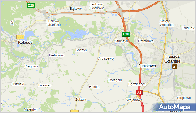 mapa Arciszewo gmina Pruszcz Gdański, Arciszewo gmina Pruszcz Gdański na mapie Targeo