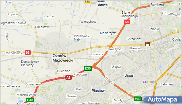 mapa Bronisze gmina Ożarów Mazowiecki, Bronisze gmina Ożarów Mazowiecki na mapie Targeo
