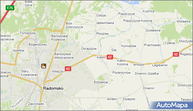 mapa Kietlin gmina Radomsko, Kietlin gmina Radomsko na mapie Targeo