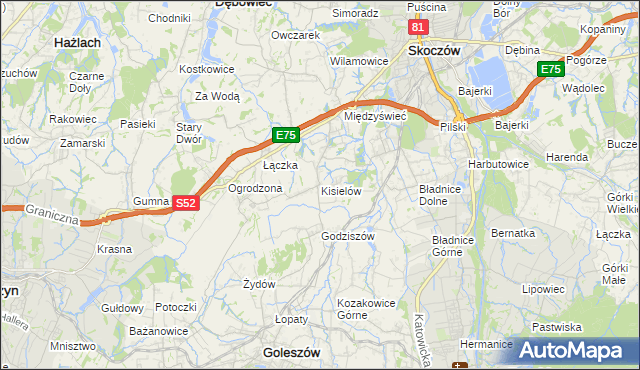 mapa Kisielów gmina Goleszów, Kisielów gmina Goleszów na mapie Targeo