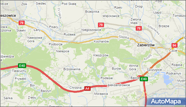 mapa Kleszczów gmina Zabierzów, Kleszczów gmina Zabierzów na mapie Targeo
