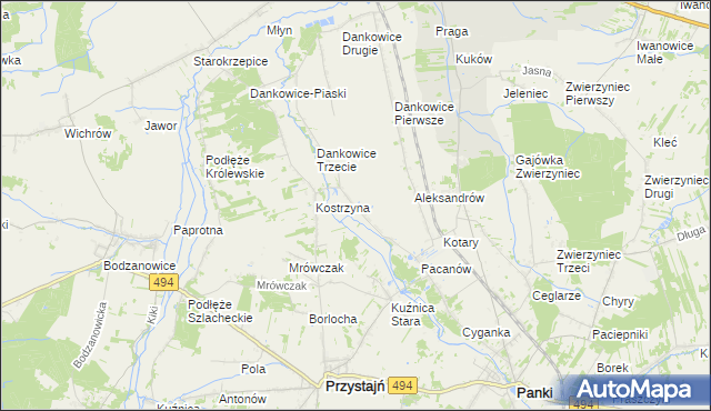 mapa Kostrzyna gmina Panki, Kostrzyna gmina Panki na mapie Targeo