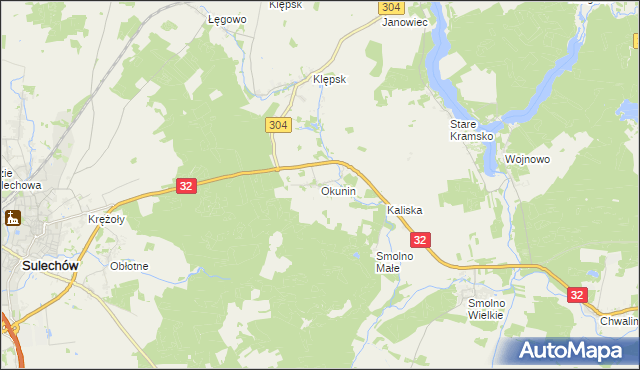 mapa Okunin gmina Sulechów, Okunin gmina Sulechów na mapie Targeo