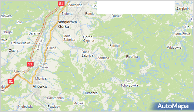 mapa Żabnica gmina Węgierska Górka, Żabnica gmina Węgierska Górka na mapie Targeo