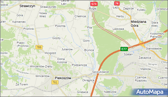 mapa Brynica gmina Piekoszów, Brynica gmina Piekoszów na mapie Targeo