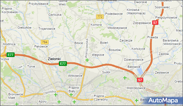 mapa Węgrzce gmina Zielonki, Węgrzce gmina Zielonki na mapie Targeo