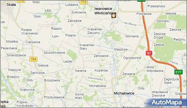 mapa Żerkowice gmina Iwanowice, Żerkowice gmina Iwanowice na mapie Targeo