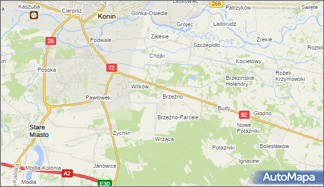 mapa Brzeźno gmina Krzymów, Brzeźno gmina Krzymów na mapie Targeo
