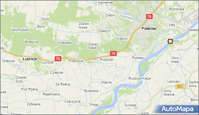 mapa Ruszcza gmina Połaniec, Ruszcza gmina Połaniec na mapie Targeo