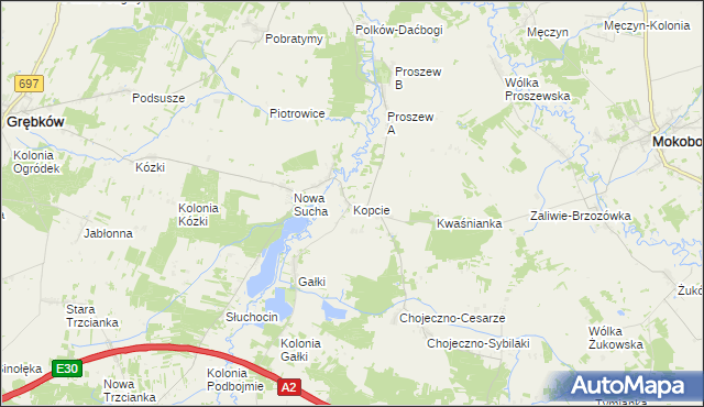 mapa Kopcie gmina Grębków, Kopcie gmina Grębków na mapie Targeo