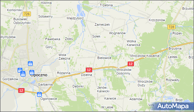 mapa Bielowice gmina Opoczno, Bielowice gmina Opoczno na mapie Targeo