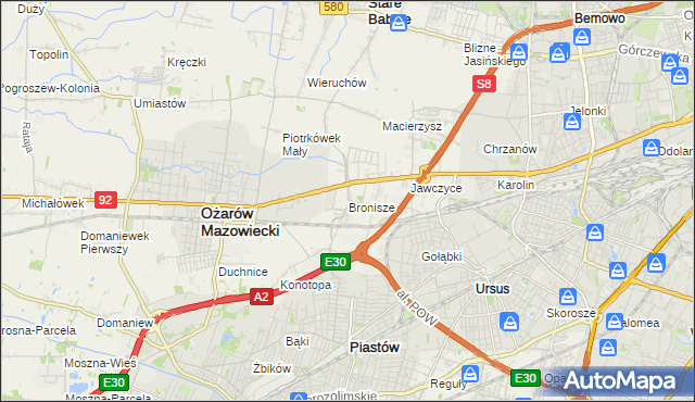 mapa Bronisze gmina Ożarów Mazowiecki, Bronisze gmina Ożarów Mazowiecki na mapie Targeo