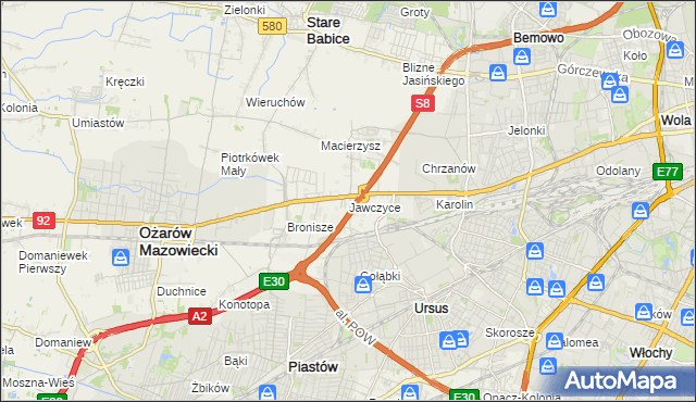 mapa Jawczyce gmina Ożarów Mazowiecki, Jawczyce gmina Ożarów Mazowiecki na mapie Targeo