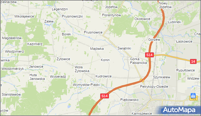 mapa Konin gmina Pabianice, Konin gmina Pabianice na mapie Targeo