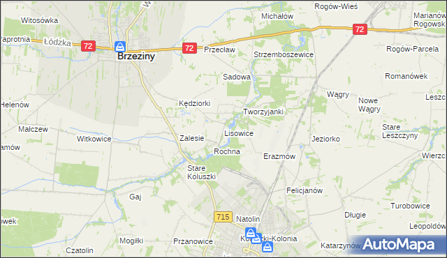 mapa Lisowice gmina Koluszki, Lisowice gmina Koluszki na mapie Targeo