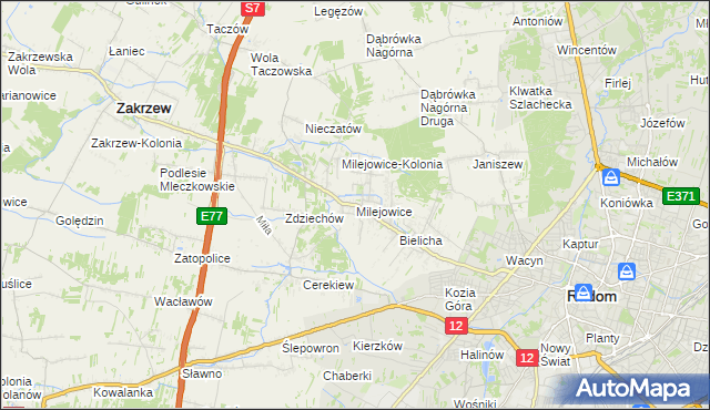 mapa Milejowice gmina Zakrzew, Milejowice gmina Zakrzew na mapie Targeo