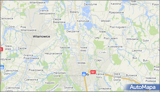 mapa Nowa Wieś gmina Kęty, Nowa Wieś gmina Kęty na mapie Targeo