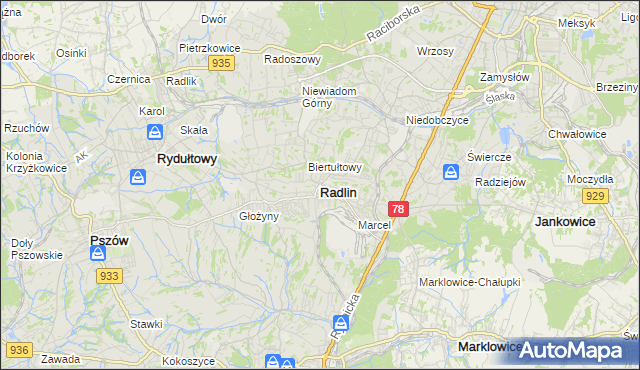 mapa Radlin powiat wodzisławski, Radlin powiat wodzisławski na mapie Targeo