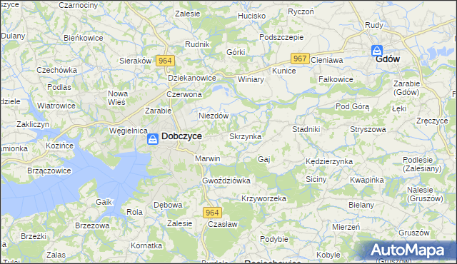 mapa Skrzynka gmina Dobczyce, Skrzynka gmina Dobczyce na mapie Targeo